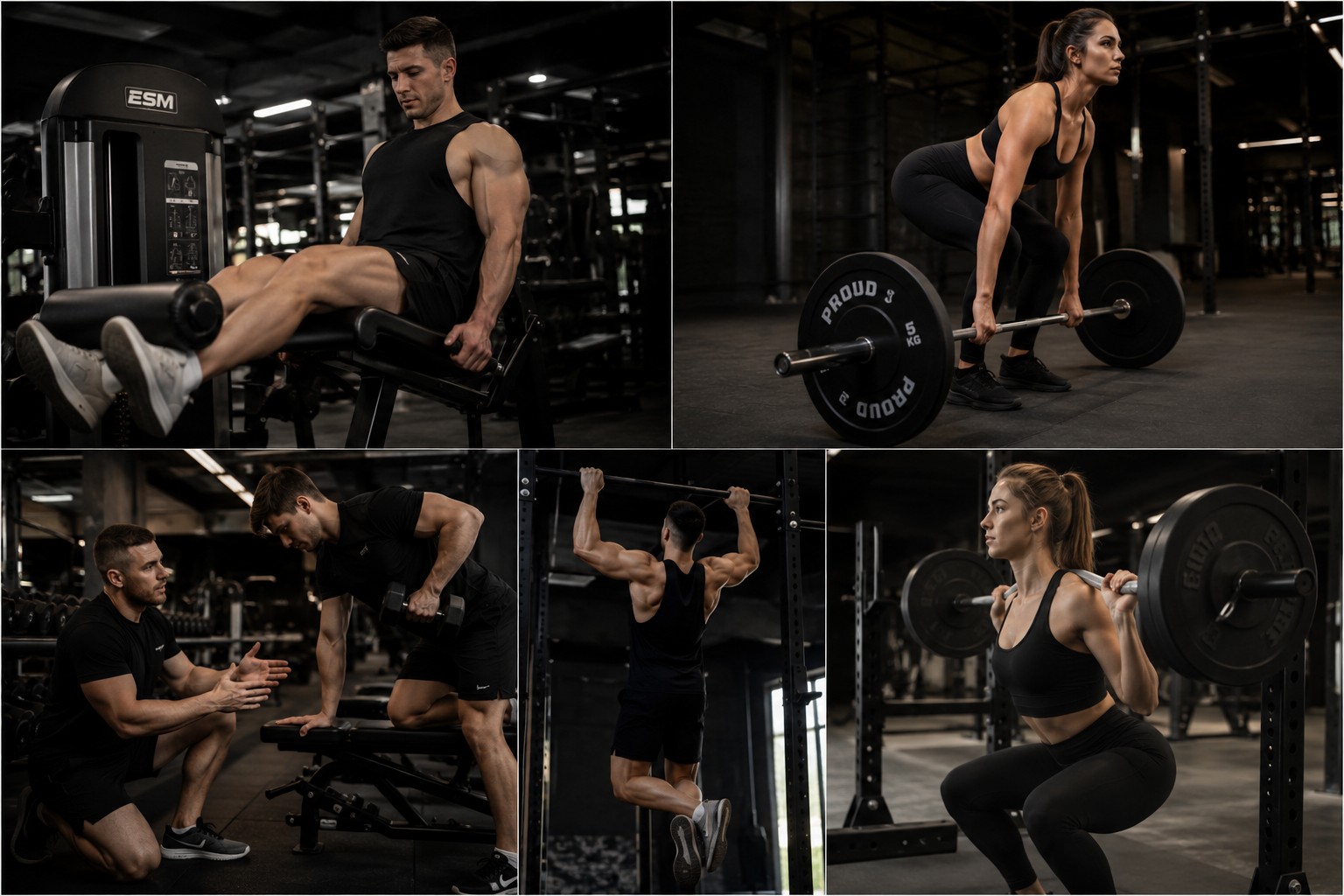 Kolaż osób trenujących siłowo i z trenerem na sali Siłownia-Total Gym